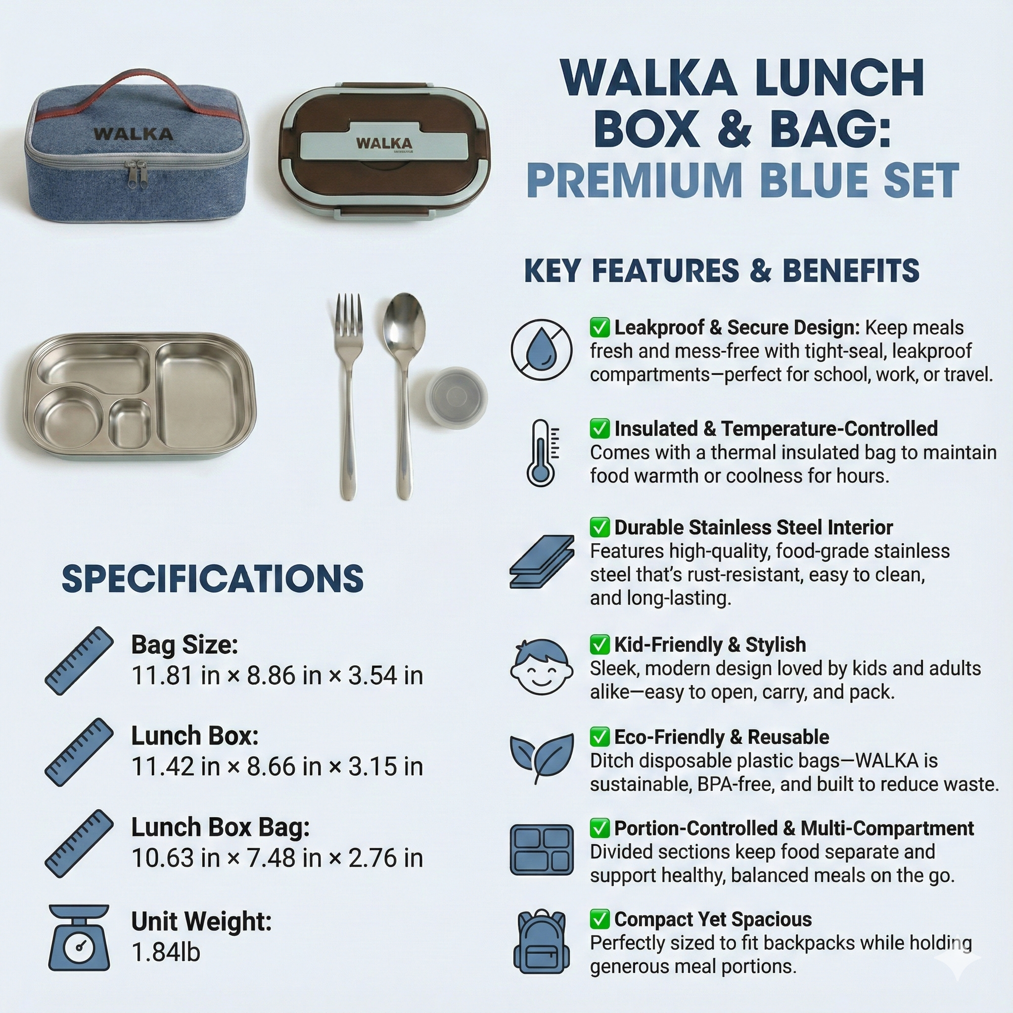 WALKA Lunch Box & Bag – Premium Blue Set